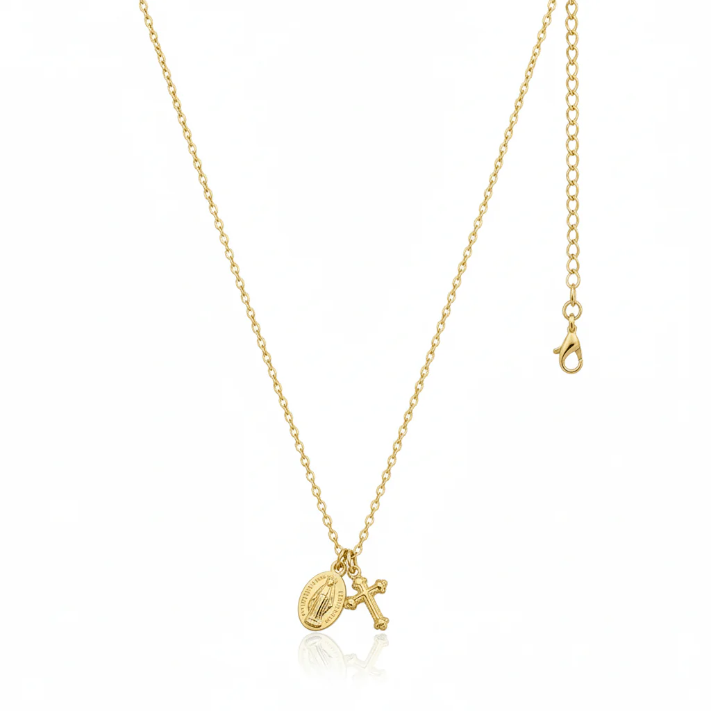 Gold-Plated Dainty Miraculous Medal and Cross Charm Necklace 18-inch