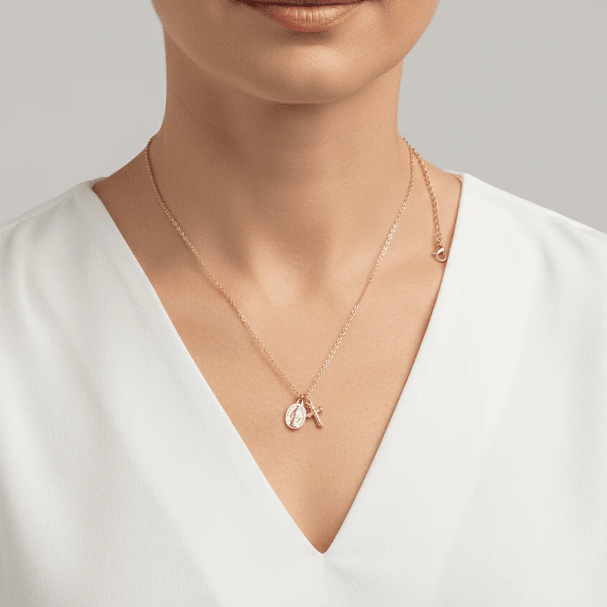 Gold-Plated Dainty Miraculous Medal and Cross Charm Necklace 18-inch - Image 2