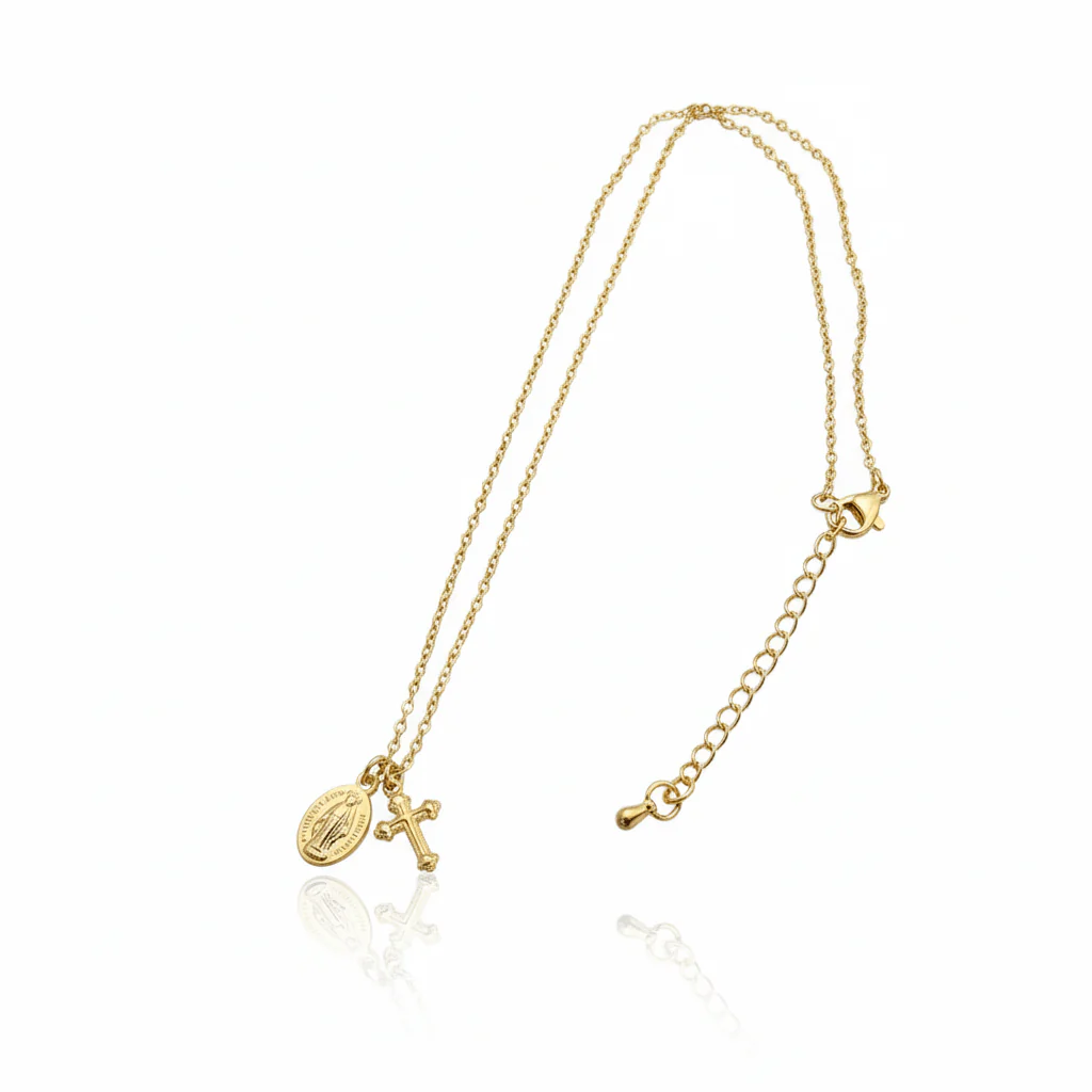 Gold-Plated Dainty Miraculous Medal and Cross Charm Necklace 18-inch - Image 3