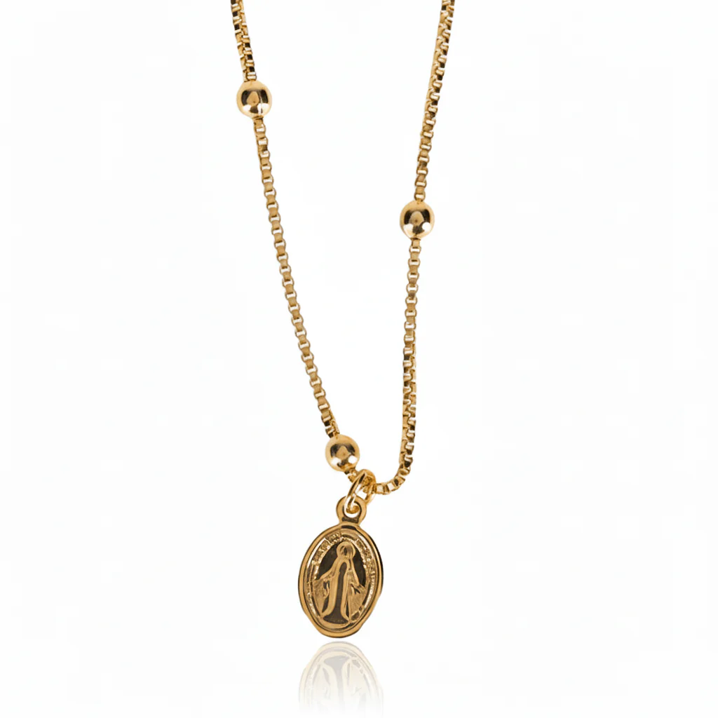 Gold-Plated Dainty Virgin Mary Charm Beaded Necklace 18-inch