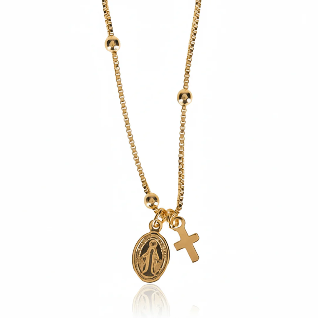 Gold-Plated Dainty Virgin Mary Charm Beaded Necklace 18-inch - Image 2