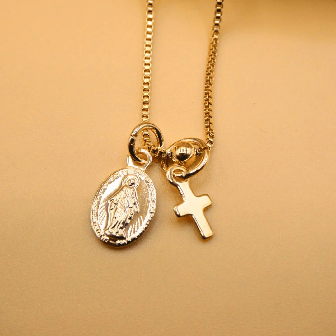 Gold-Plated Dainty Virgin Mary Charm Beaded Necklace 18-inch - Image 6