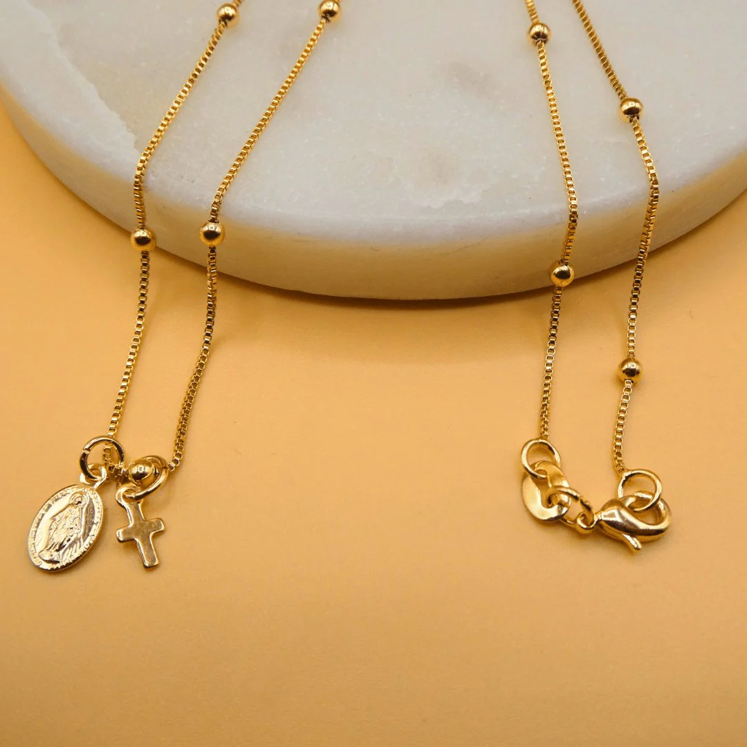 Gold-Plated Dainty Virgin Mary Charm Beaded Necklace 18-inch - Image 7