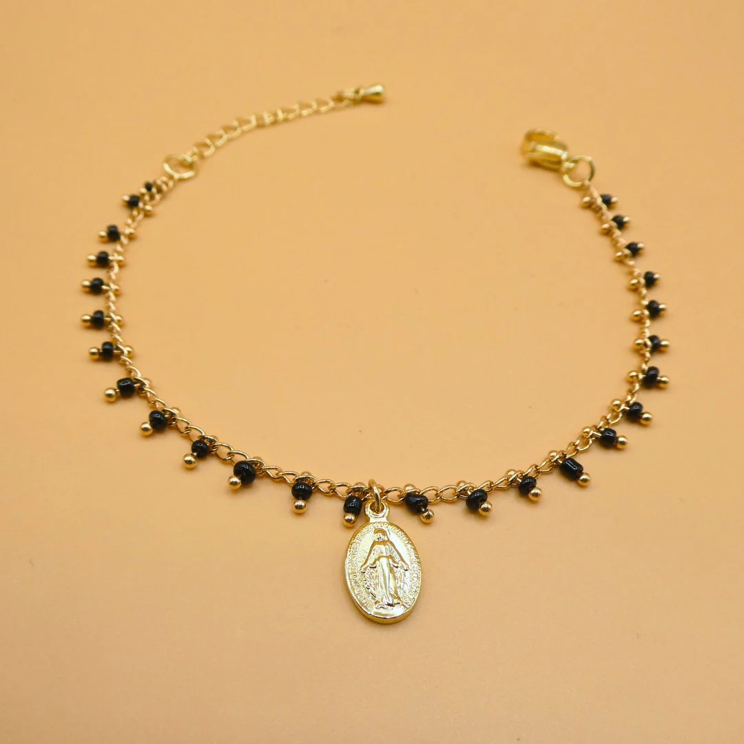 Gold-Plated Miraculous Medal Black Bead Bracelet — Adjustable - Image 3