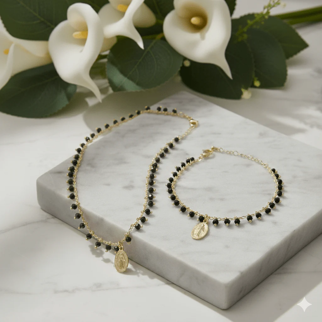Gold-Plated Miraculous Medal Black Bead Bracelet — Adjustable - Image 4