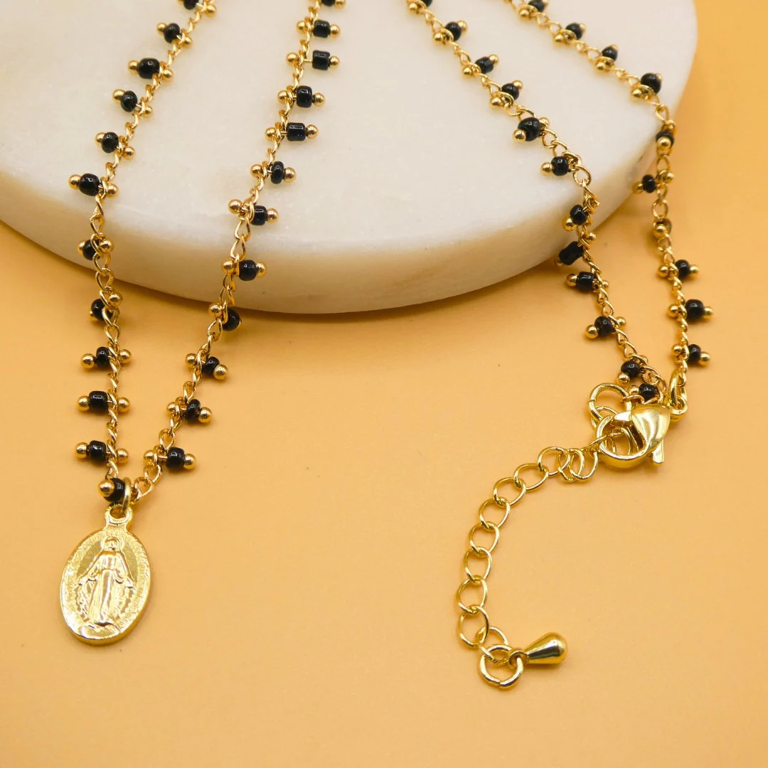 Gold-Plated Miraculous Medal Black Beaded Necklace 18-inch - Image 3