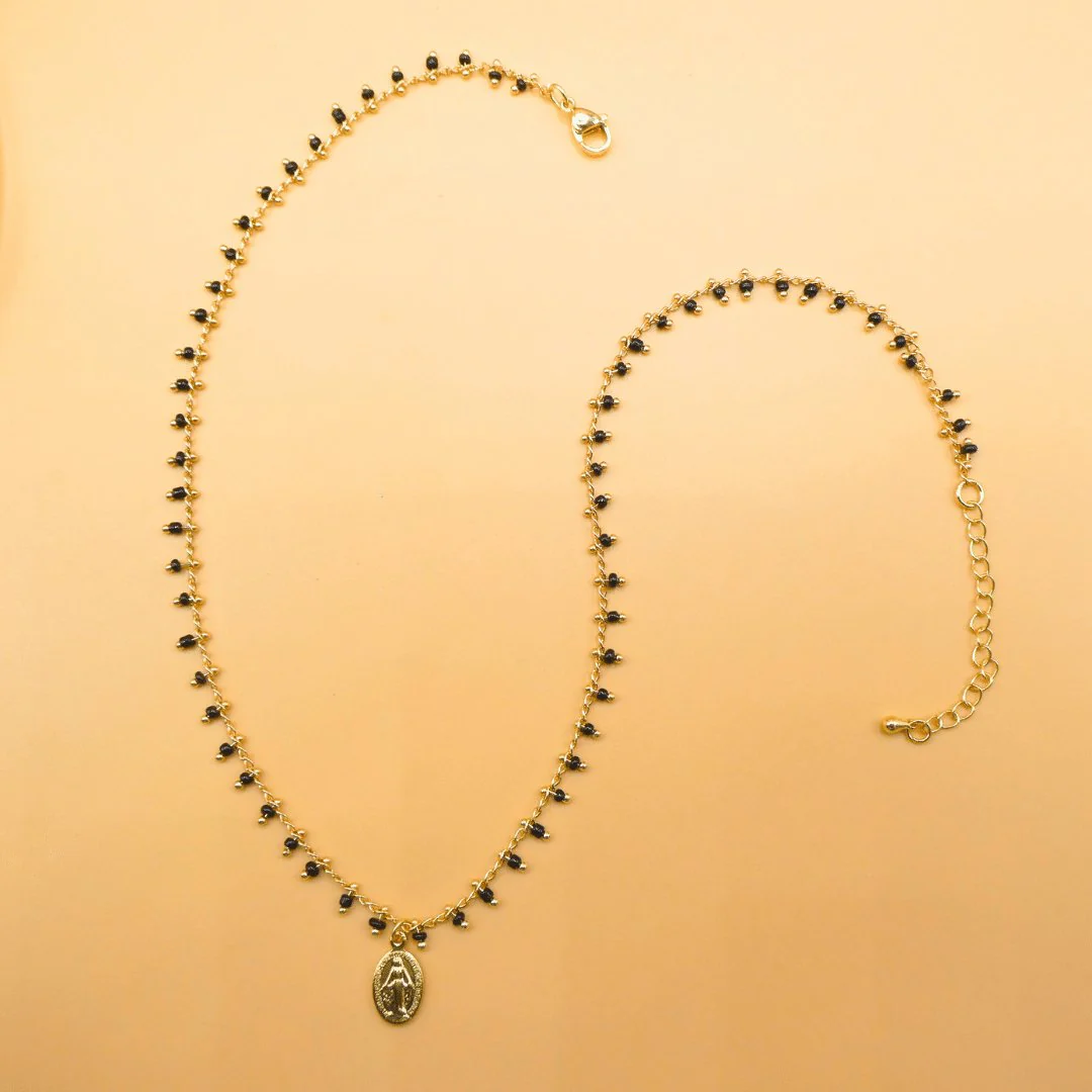 Gold-Plated Miraculous Medal Black Beaded Necklace 18-inch - Image 4