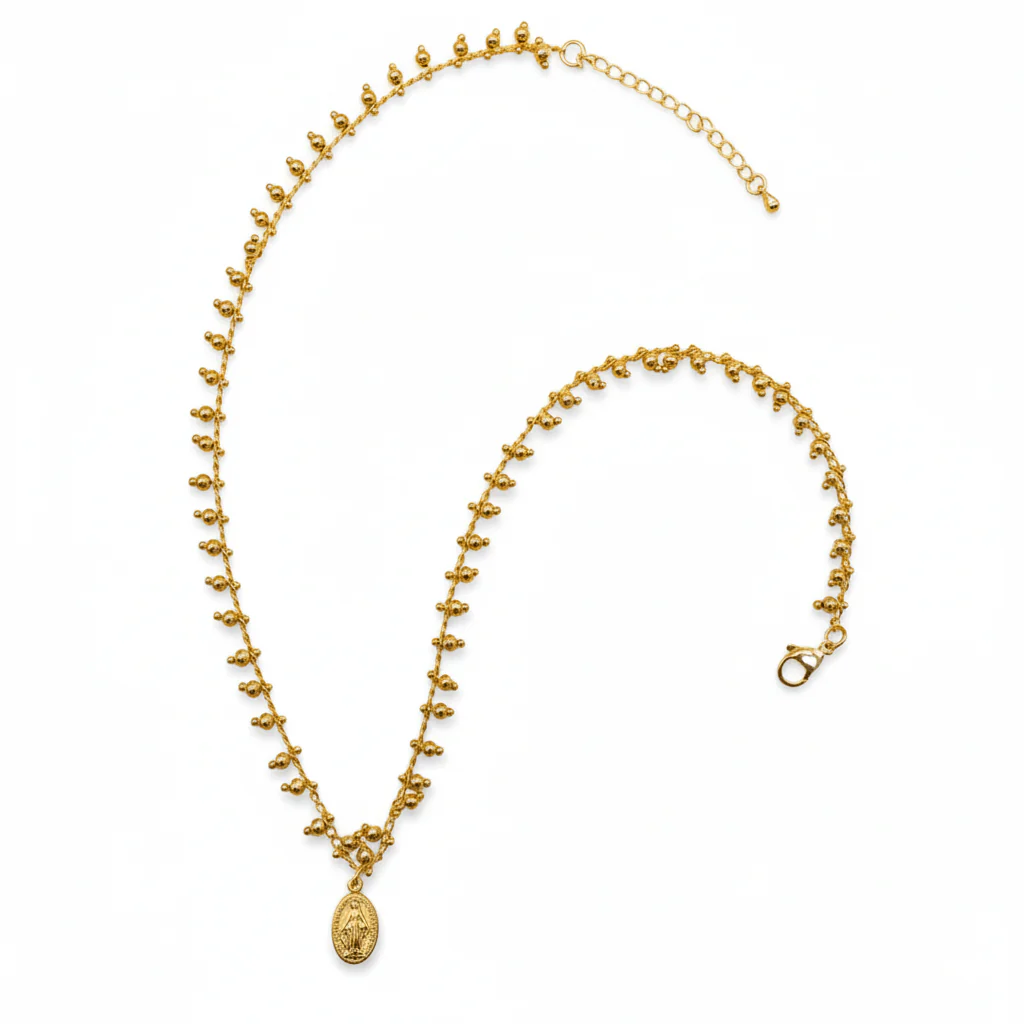 Gold-Plated Miraculous Medal Gold Beaded Necklace 18-inch