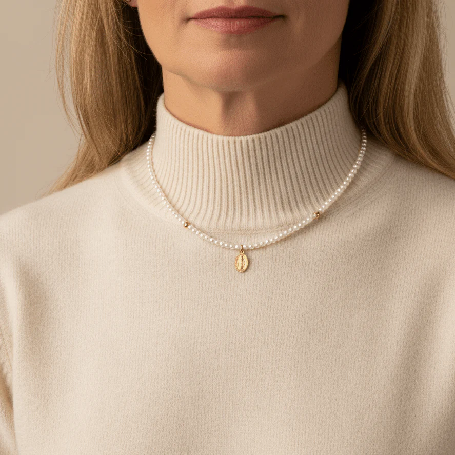 Gold-Plated Miraculous Medal Pendant Freshwater Pearl Bead Necklace 18-inch - Image 2