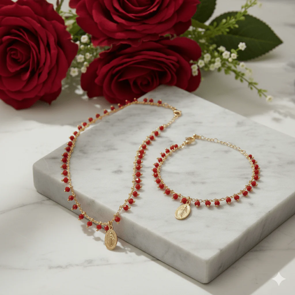 Gold-Plated Miraculous Medal Red Bead Bracelet 7"+ 2.5" - Image 3
