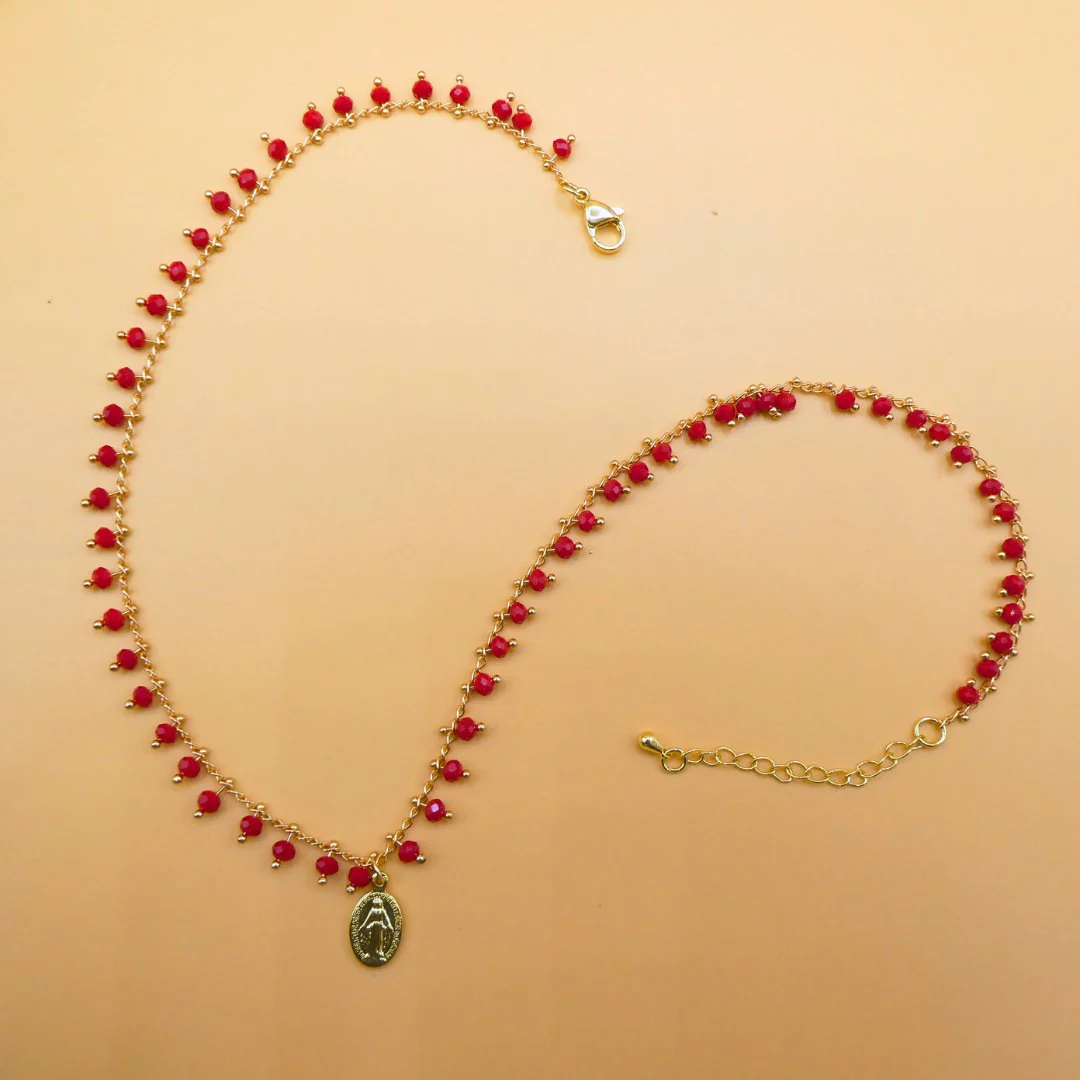 Gold-Plated Miraculous Medal Red Beaded Necklace 18-inch - Image 3
