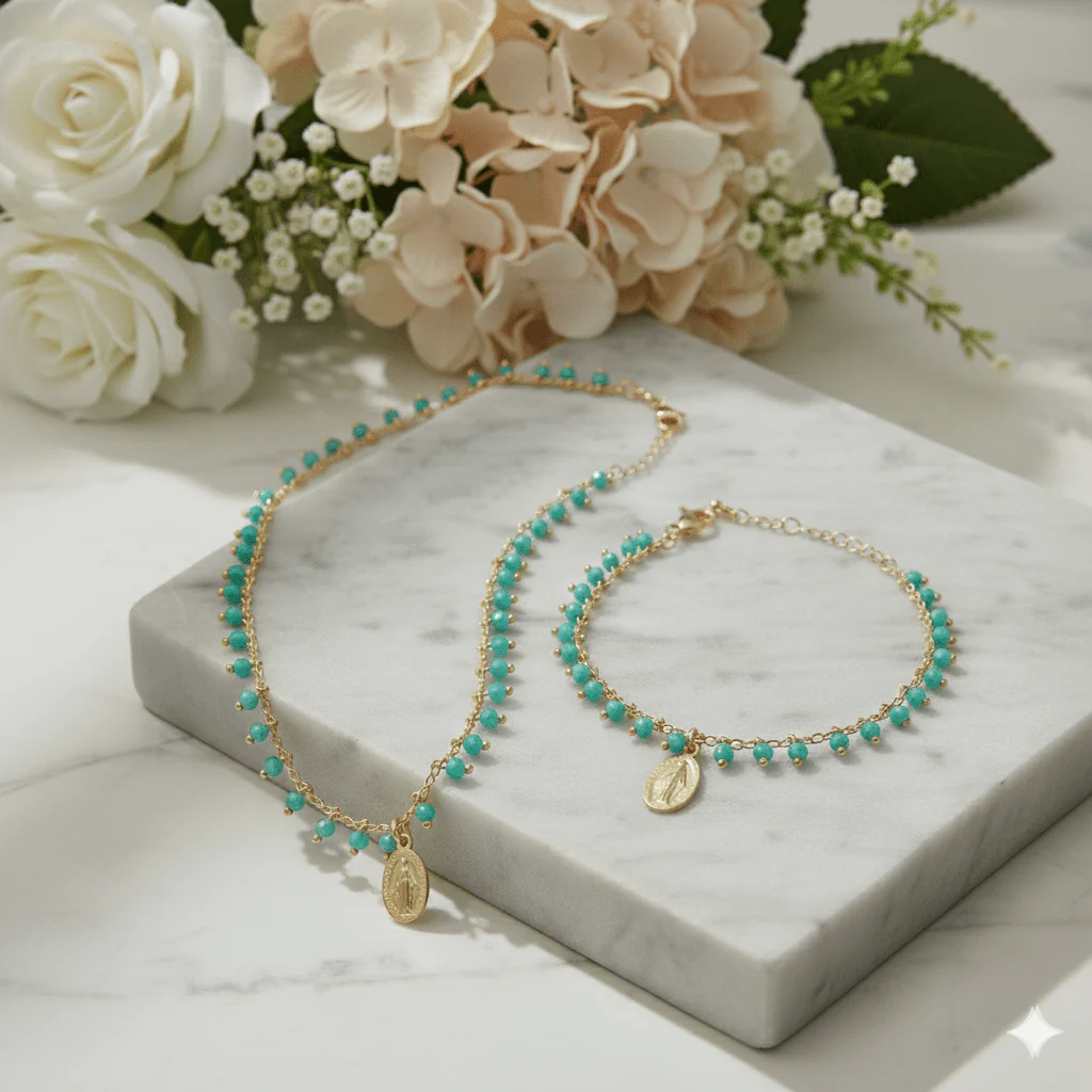 Gold-Plated Miraculous Medal Turquoise Beaded Bracelet 7"+ 2.5" - Image 3