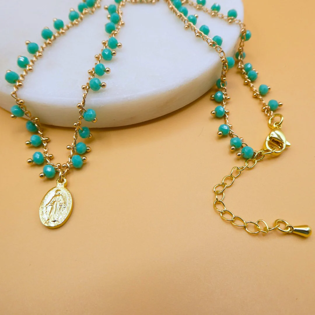 Gold-Plated Miraculous Medal Turquoise Beaded Necklace 18-inch - Image 4