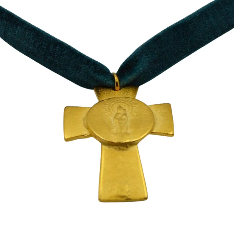 Gold-Plated Virgin Mary Cross Velvet Necklace 18-inch