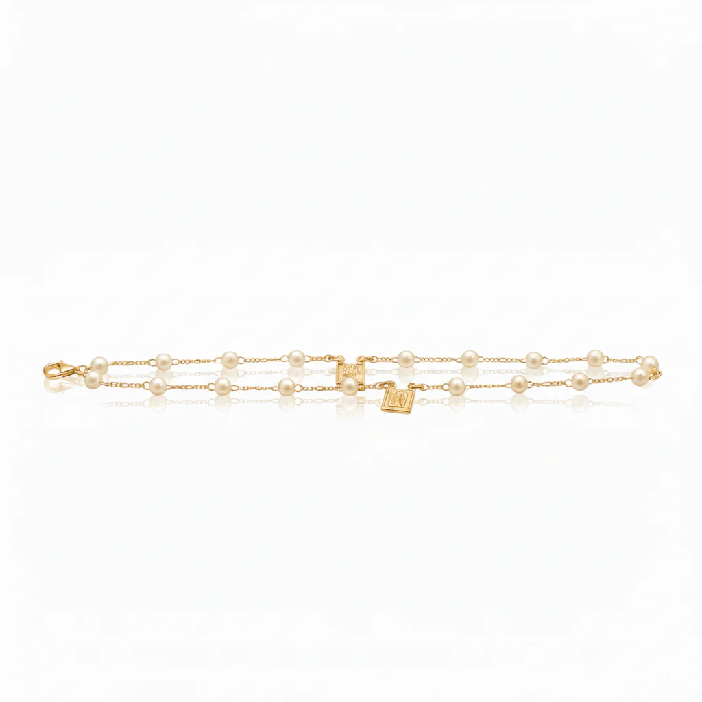 Gold-Plated Pearl Scapular Bracelet — Double Strand | Our Lady of Mount Carmel (7") - Image 3