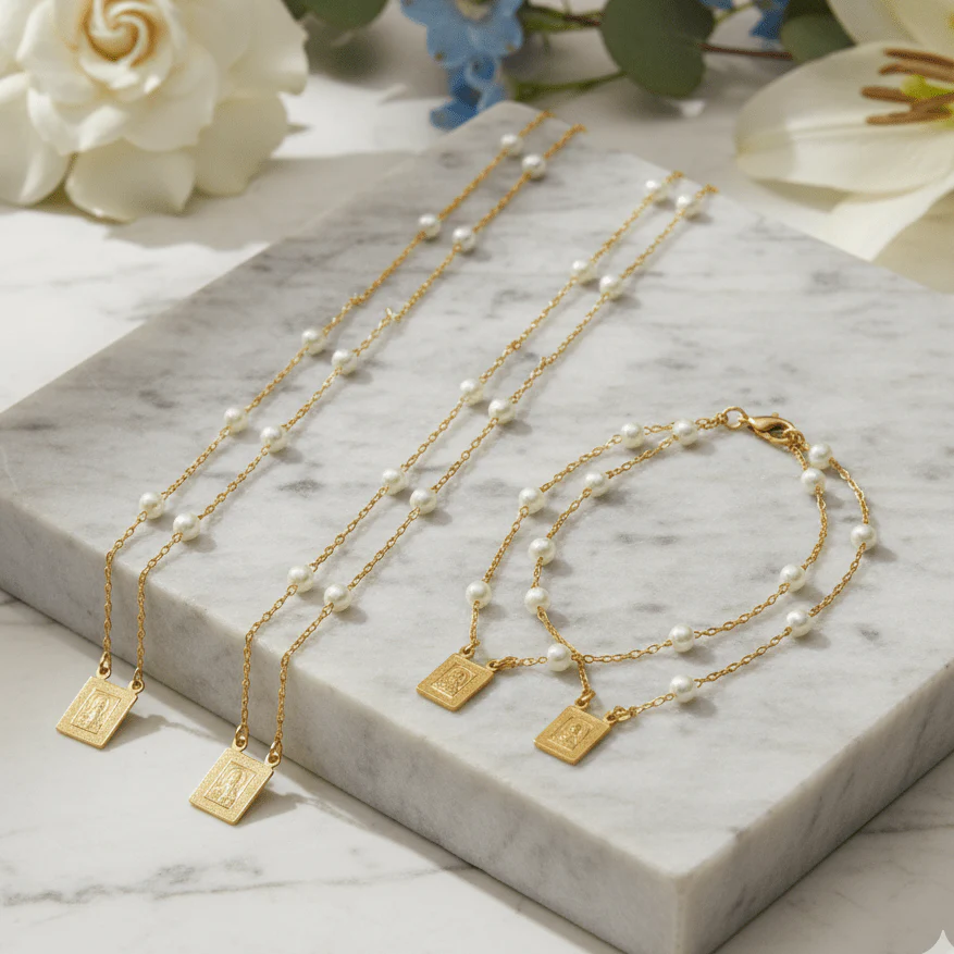 Gold-Plated Scapular Jewelry Set — Pearl Charm Necklace & Bracelet | Our Lady of Mount Carmel - Image 2
