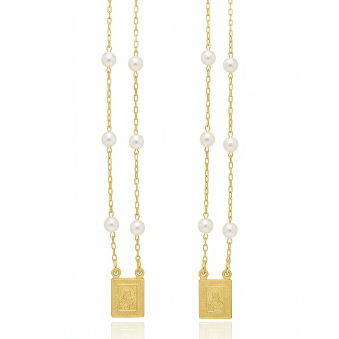 Gold-Plated Scapular Jewelry Set — Pearl Charm Necklace & Bracelet | Our Lady of Mount Carmel - Image 3