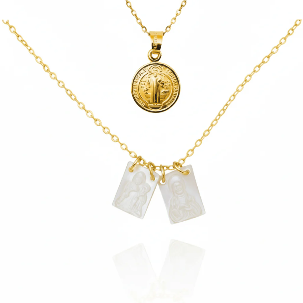 Gold-Plated Scapular Necklace with St. Benedict Medal – Layered 16” + 18”