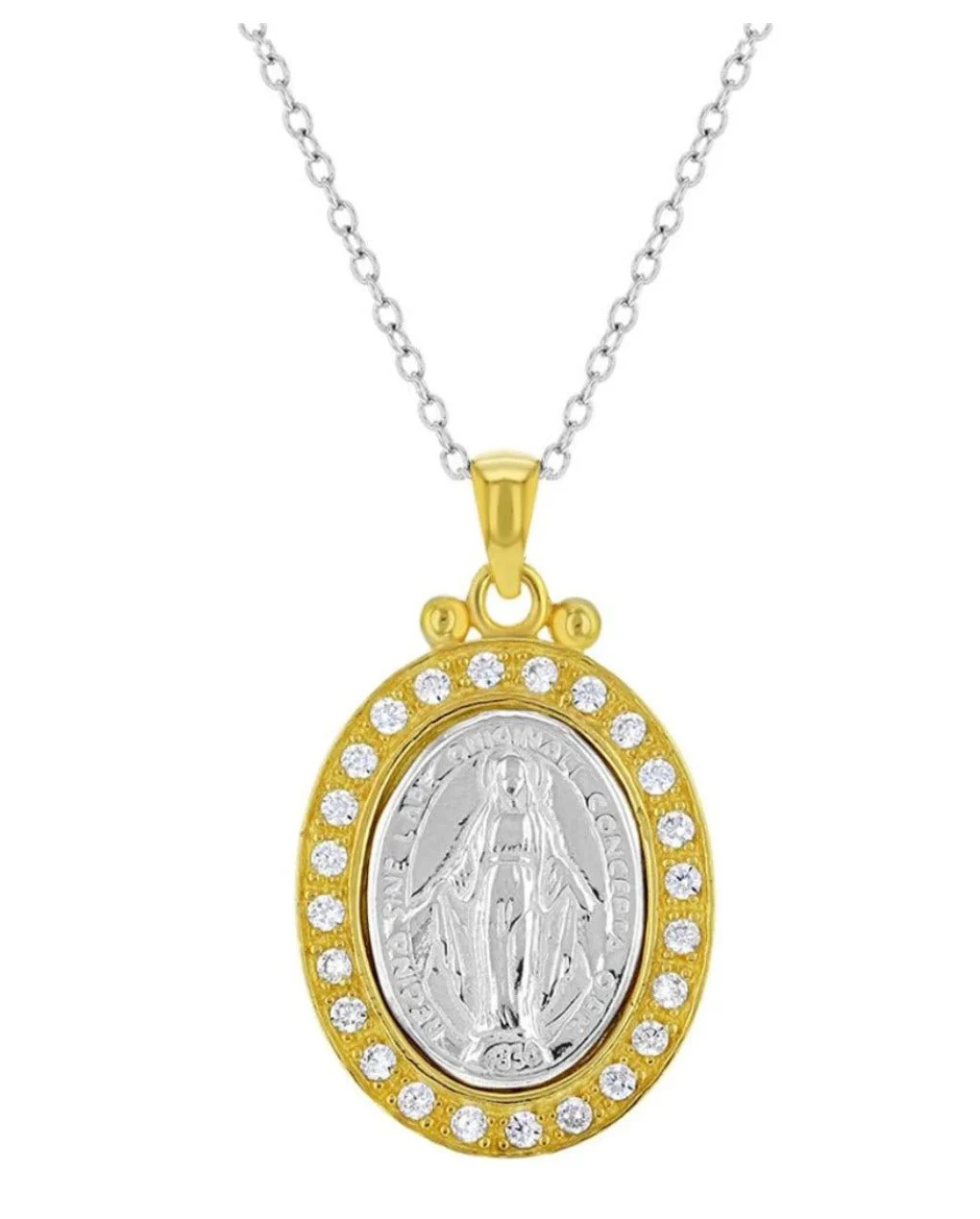 Gold Vermeil Two Tone Necklace with Virgin Mary Medal and Cubic Zirconia 18-inch
