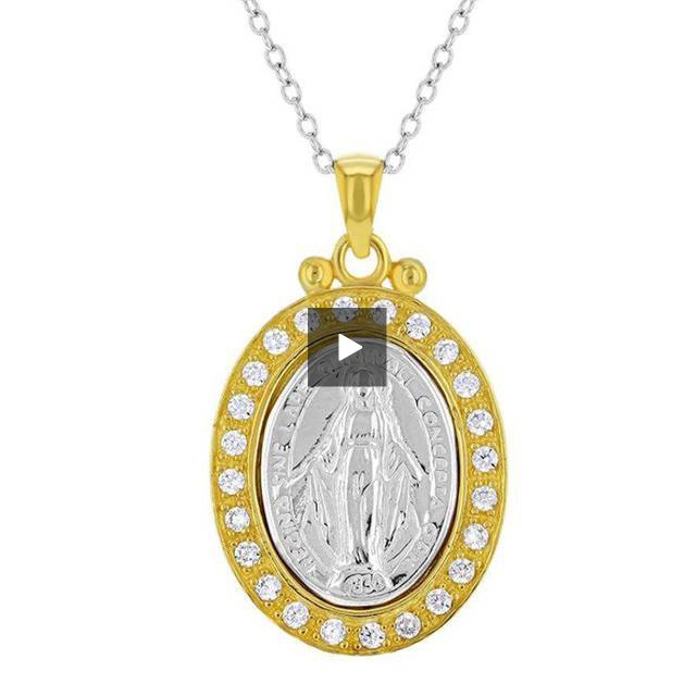Gold Vermeil Two Tone Necklace with Virgin Mary Medal and Cubic Zirconia 18-inch - Image 2
