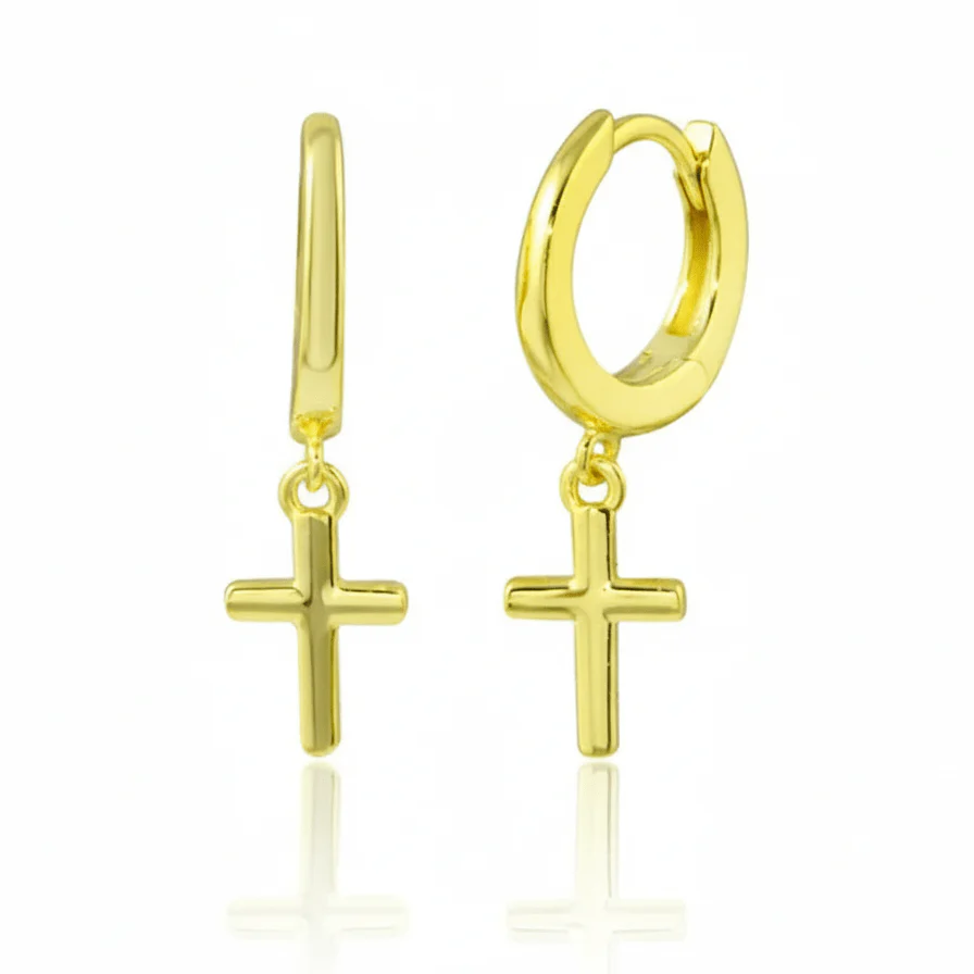 Gold-Plated Sterling Silver Cross Earrings - Huggie Hoop Dangle for Women
