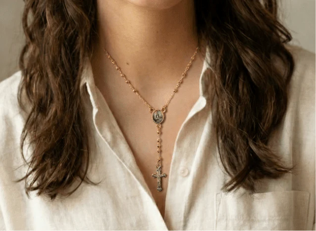 Gold-Plated Tiny Bead Our Lady of Charity Rosary Necklace 18-inch - Image 7