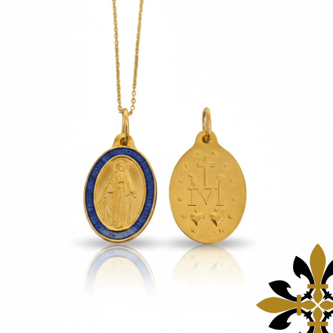 Gold-Plated Blue Enamel Miraculous Medal Necklace — Rue du Bac, Paris (18”)