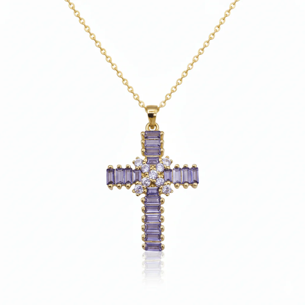 Gold-Plated Violet Zirconia Cross Necklace 18-inch