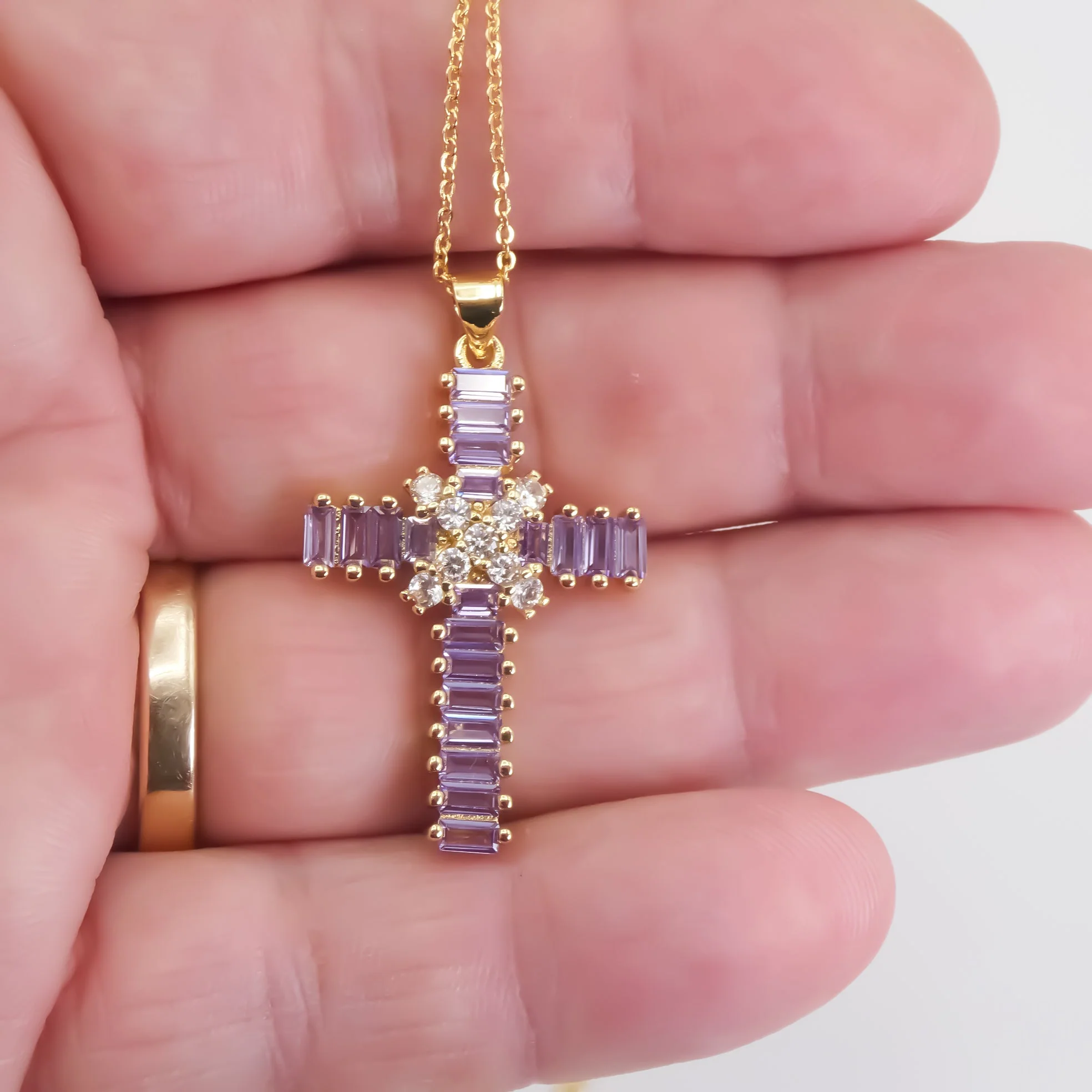 Gold-Plated Violet Zirconia Cross Necklace 18-inch - Image 3