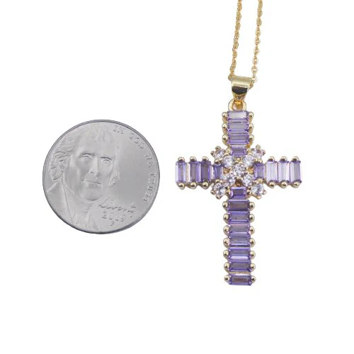 Gold-Plated Violet Zirconia Cross Necklace 18-inch - Image 4