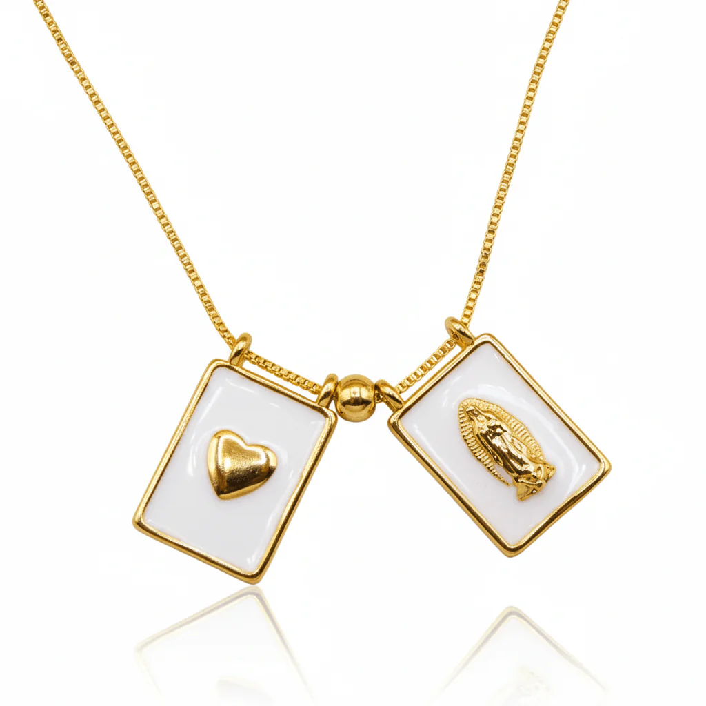 Gold-Plated White Enamel Scapular Necklace — Our Lady of Guadalupe (18")