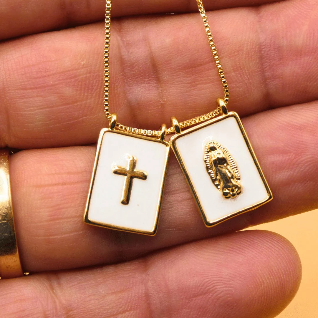 Gold-Plated White Enamel Scapular Necklace — Our Lady of Guadalupe (18") - Image 9