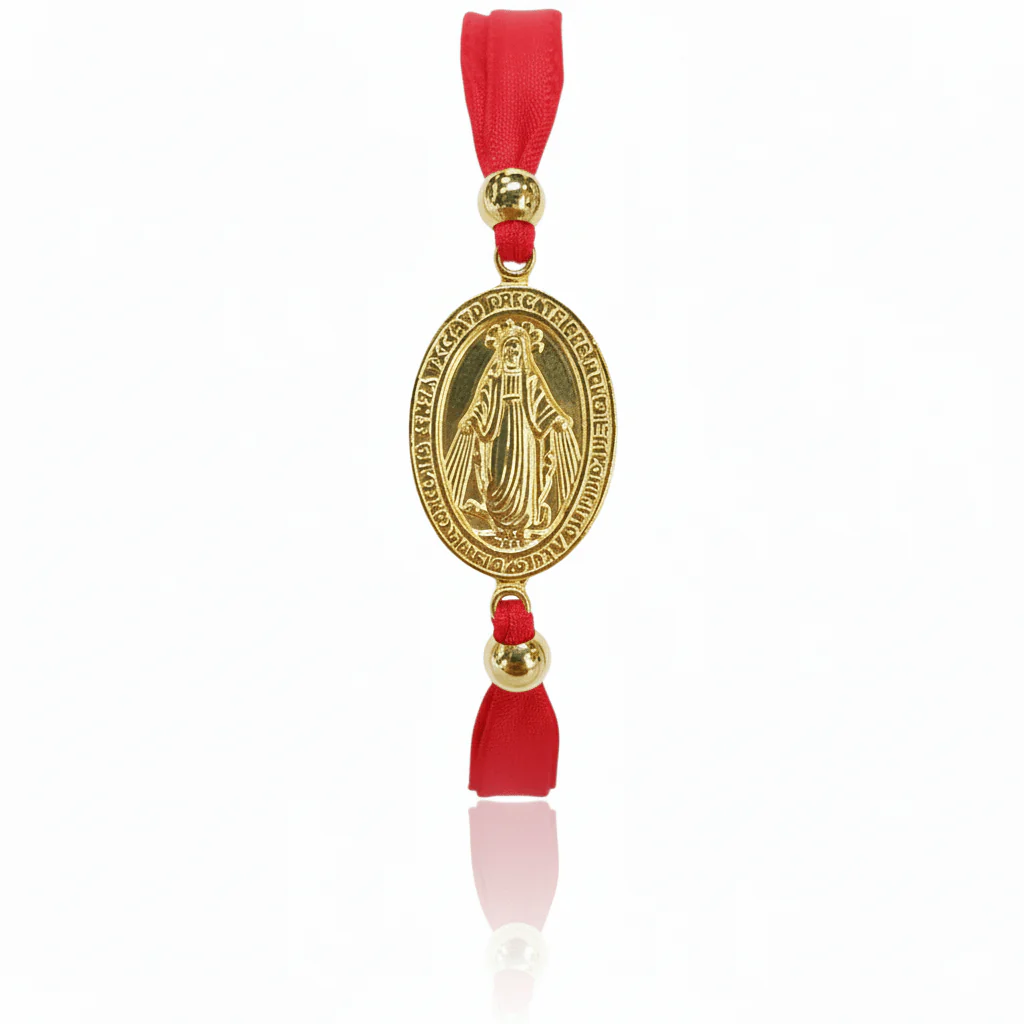 Gold Vermeil Miraculous Medal Adjustable Red Velvet Bracelet 7.5-inch