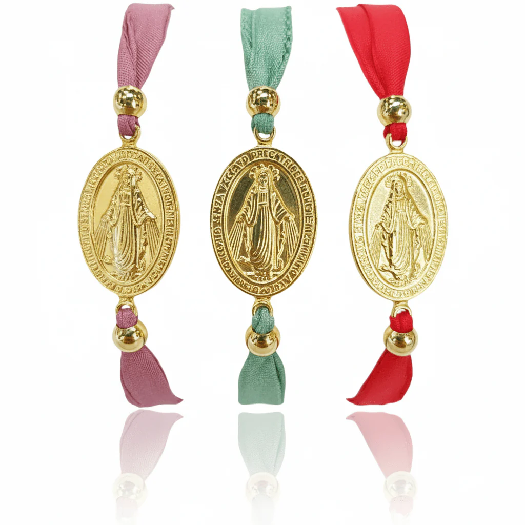 Gold Vermeil Miraculous Medal Adjustable Red Velvet Bracelet 7.5-inch - Image 3