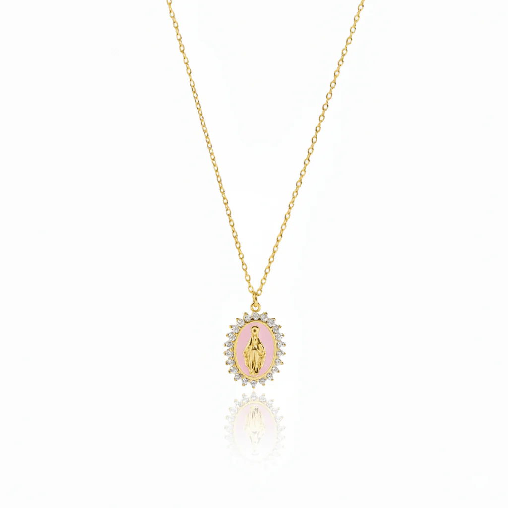 Gold Vermeil Pink Enamel Lourdes Necklace with White Crystals 18"