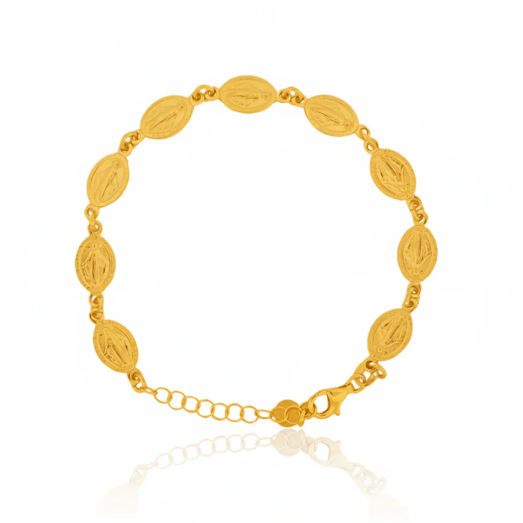 Gold Vermeil Religious Charm Bracelet - 9 Miraculous Medals 6.5" + 1.5”