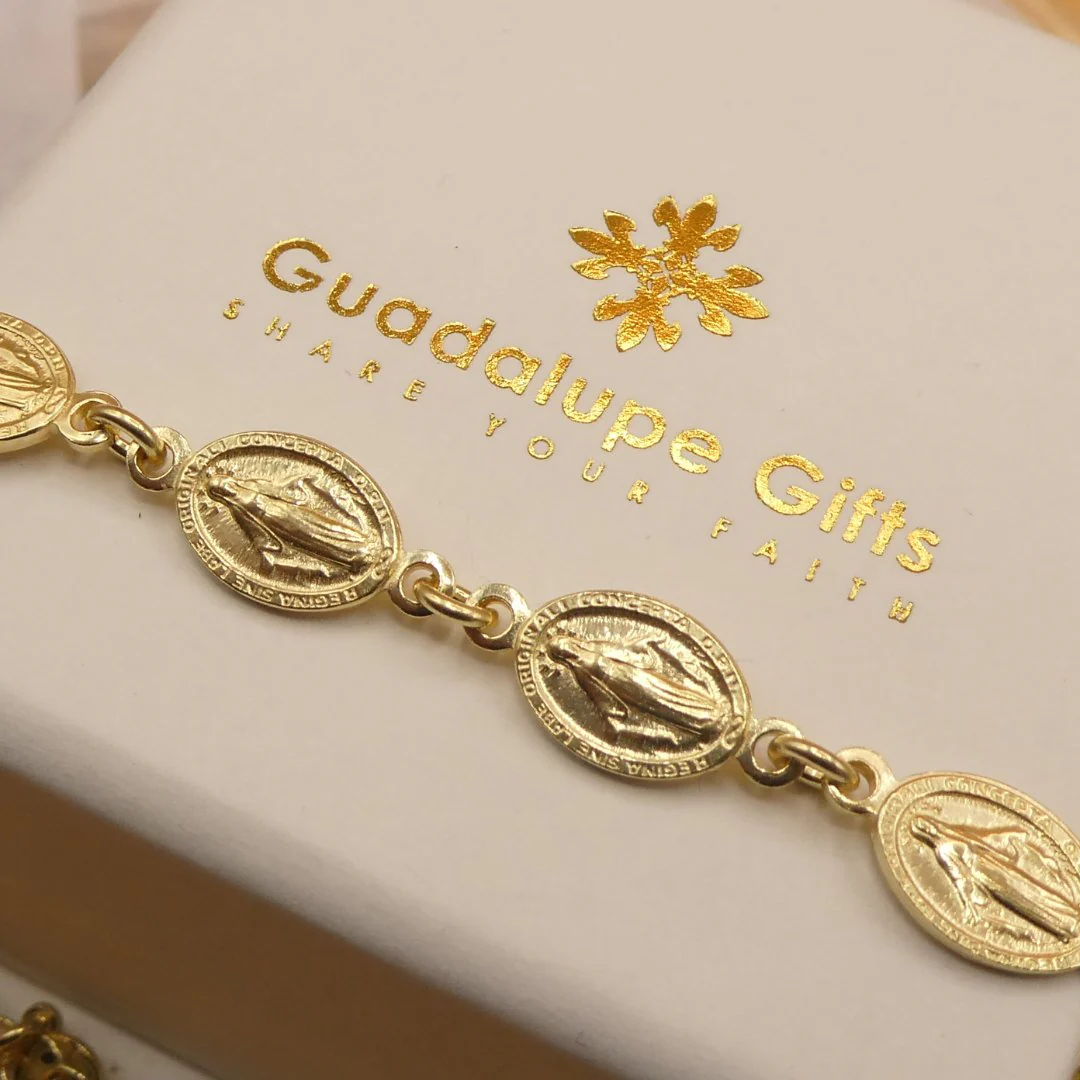 Gold Vermeil Religious Charm Bracelet - 9 Miraculous Medals 6.5" + 1.5” - Image 6