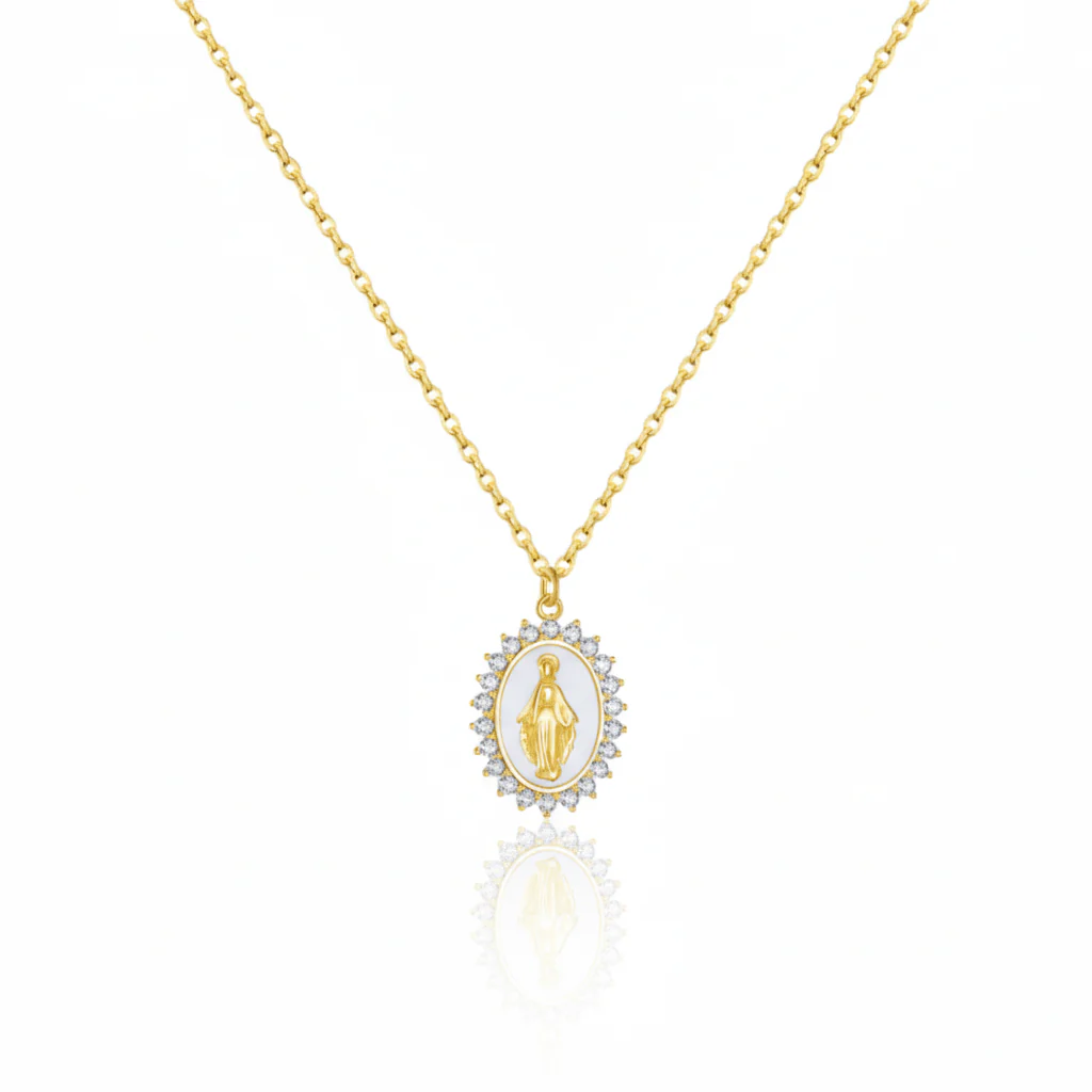 Gold Vermeil White Enamel Lourdes Necklace with White Crystals 18"