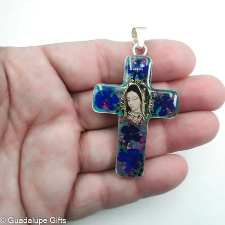 Guadalupe Cross Pendant w/ Pressed Flowers 24" - Image 3