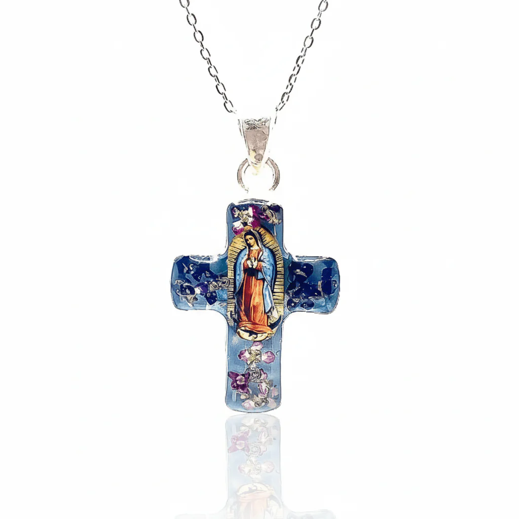 Guadalupe Cross Small Necklace w/ Pressed Flowers 18-inch