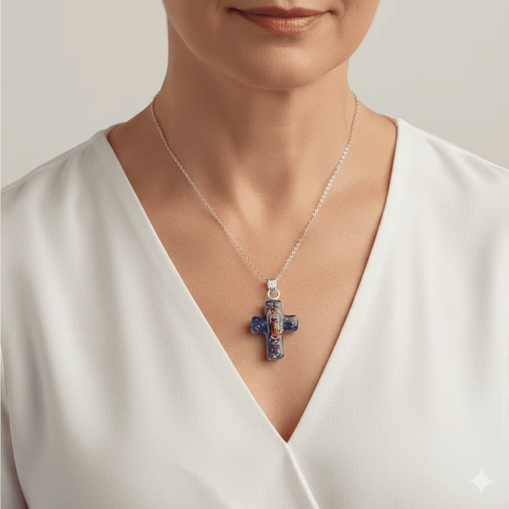 Guadalupe Cross Small Necklace w/ Pressed Flowers 18-inch - Image 2