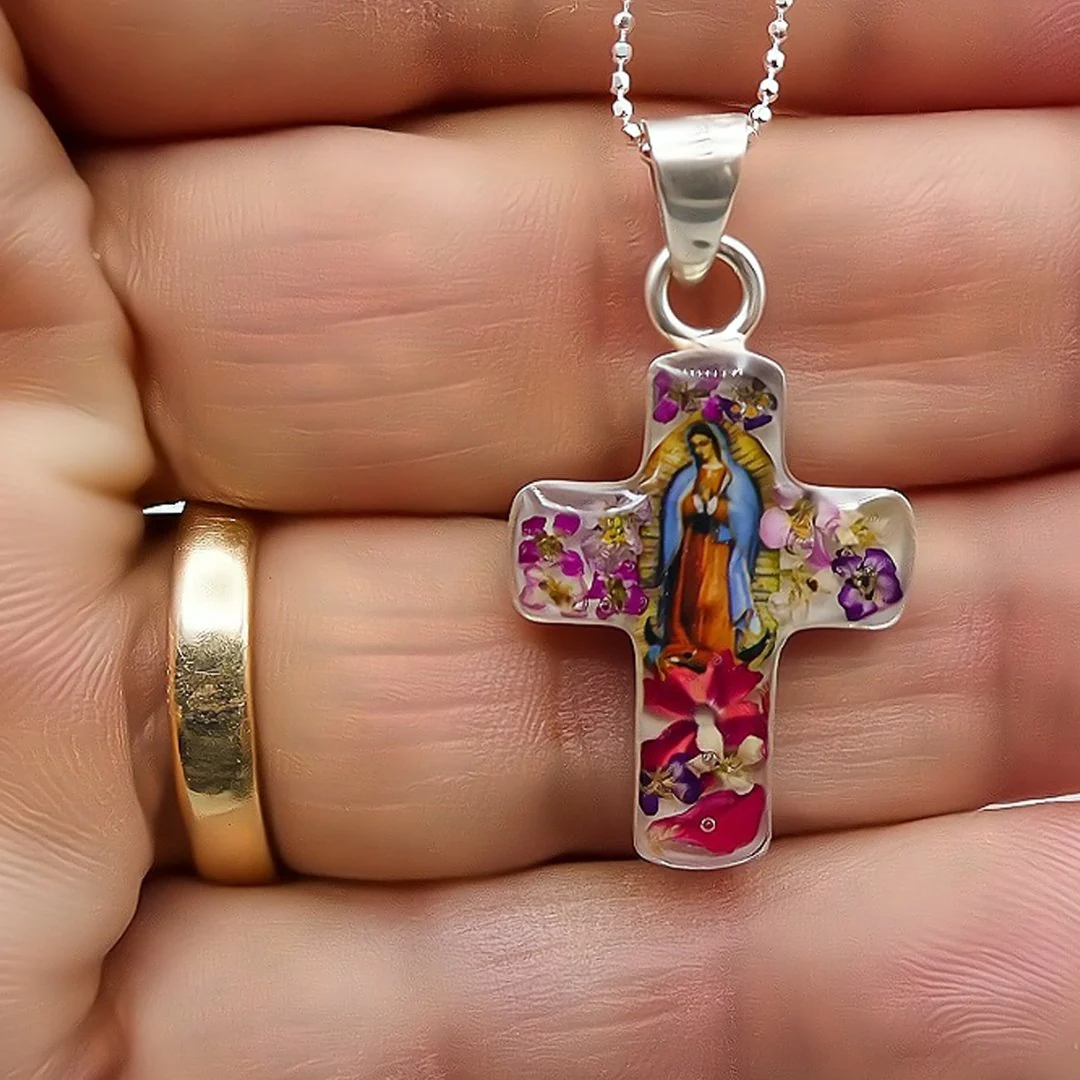 Guadalupe Cross Small Necklace w/ Pressed Flowers 18-inch - Image 3