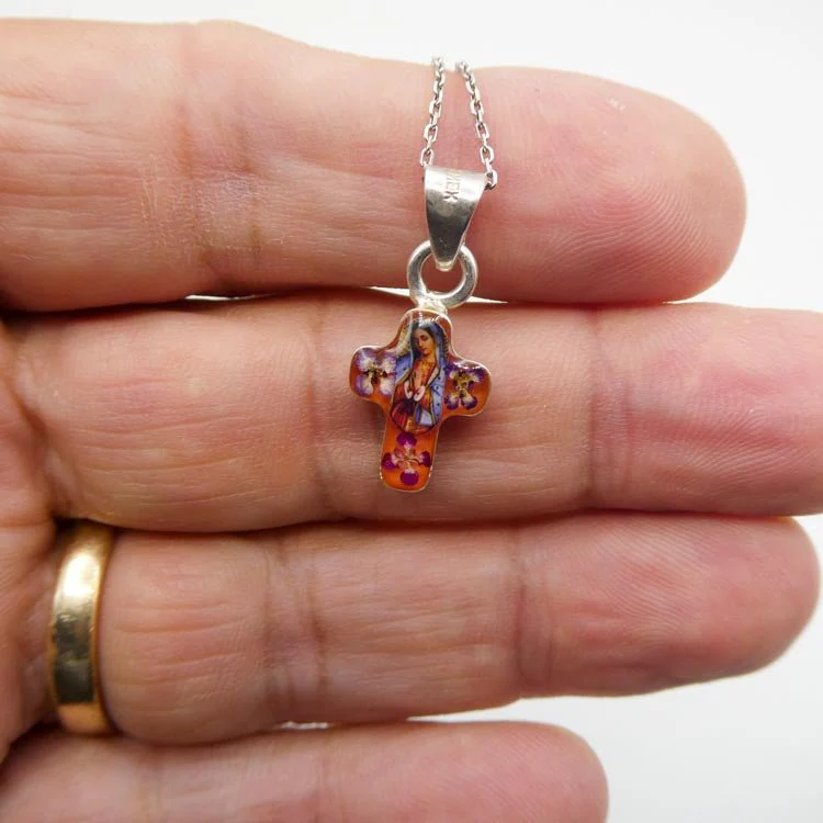 Guadalupe Mini Cross Necklace w/ Pressed Flowers 18-inch - Image 4