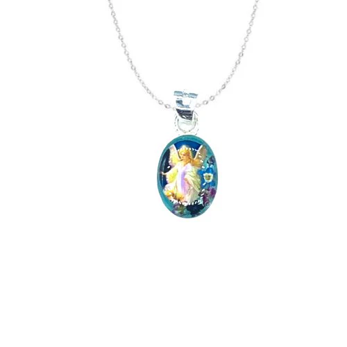 Guardian Angel Mini Oval Pendant w/ Pressed Flowers 18-inch