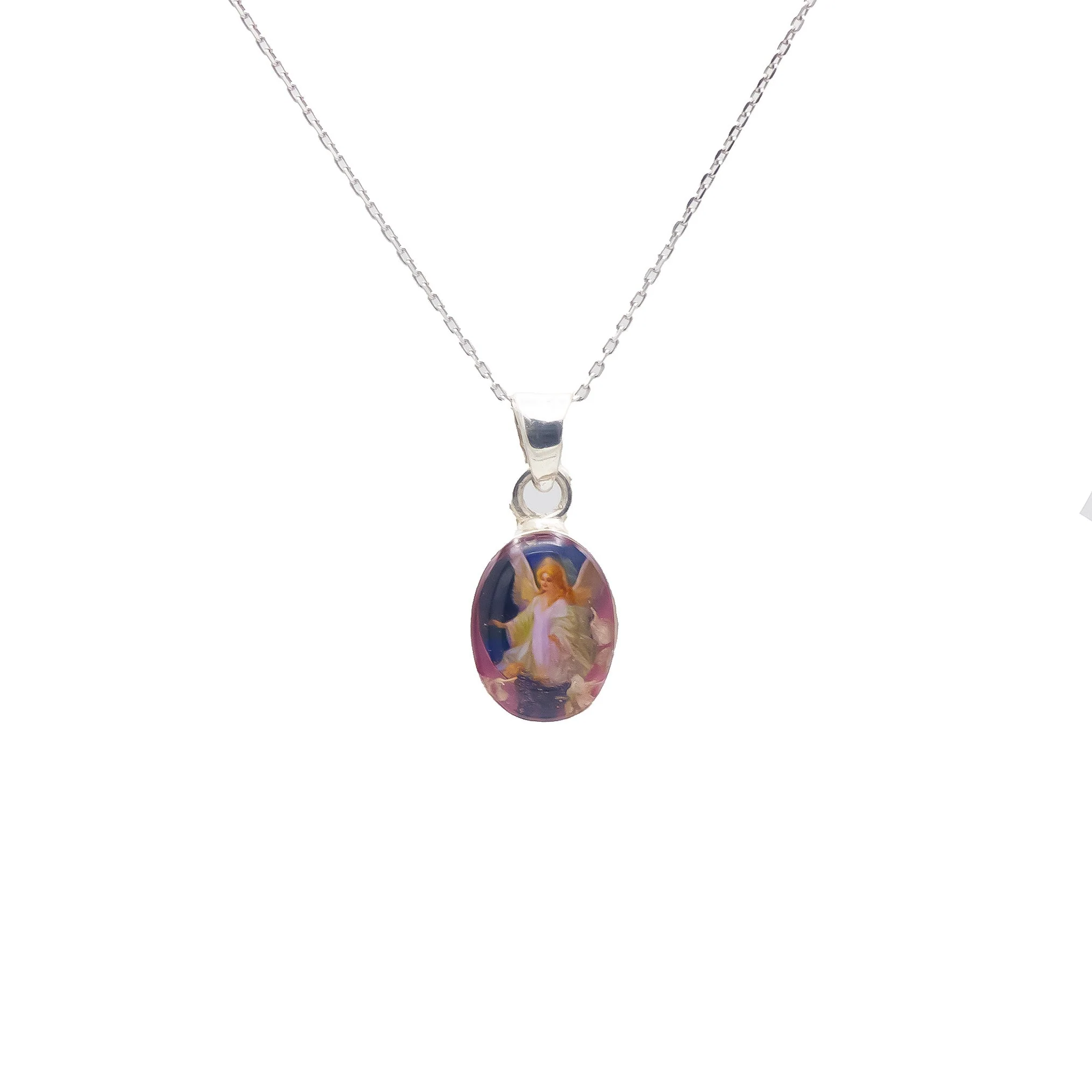 Guardian Angel Mini Oval Pendant w/ Pressed Flowers 18-inch - Image 3