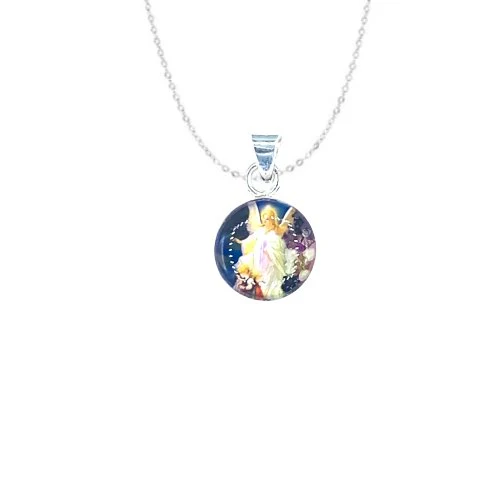Guardian Angel Mini Round Pendant w/ Pressed Flowers 18-inch