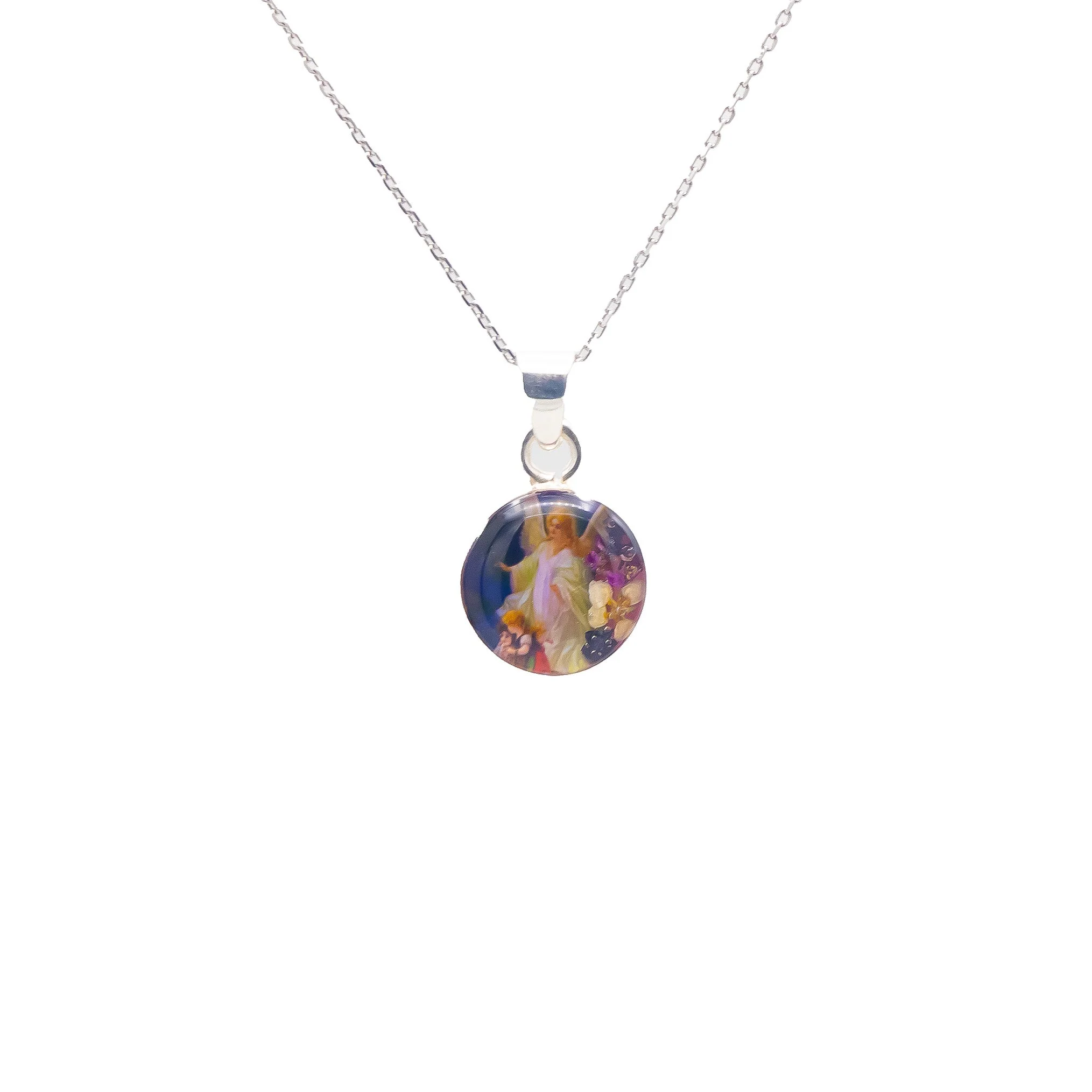 Guardian Angel Mini Round Pendant w/ Pressed Flowers 18-inch - Image 3