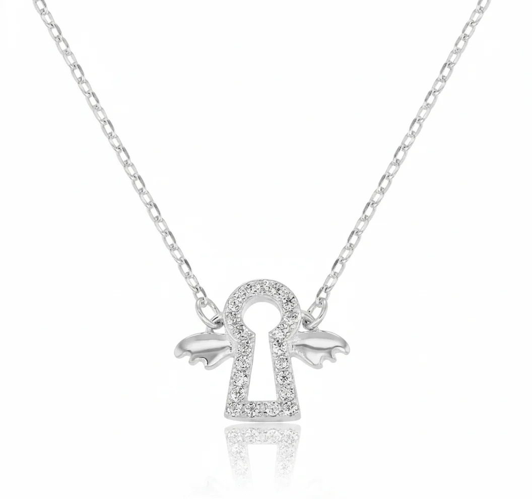 Silver Guardian Angel Necklace w/ CZs 16-inch