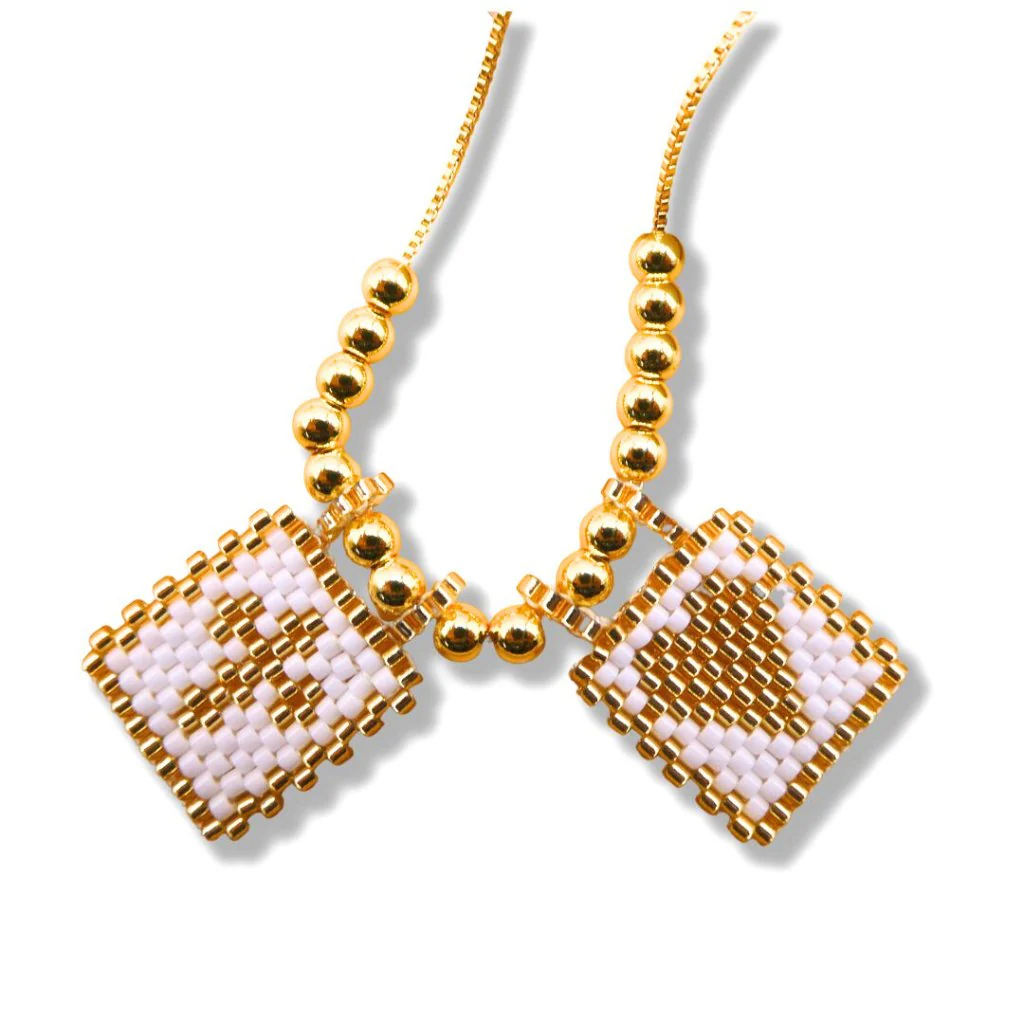 Gold-Plated White Miyuki Necklace with Cross and Heart Charms 18-inch