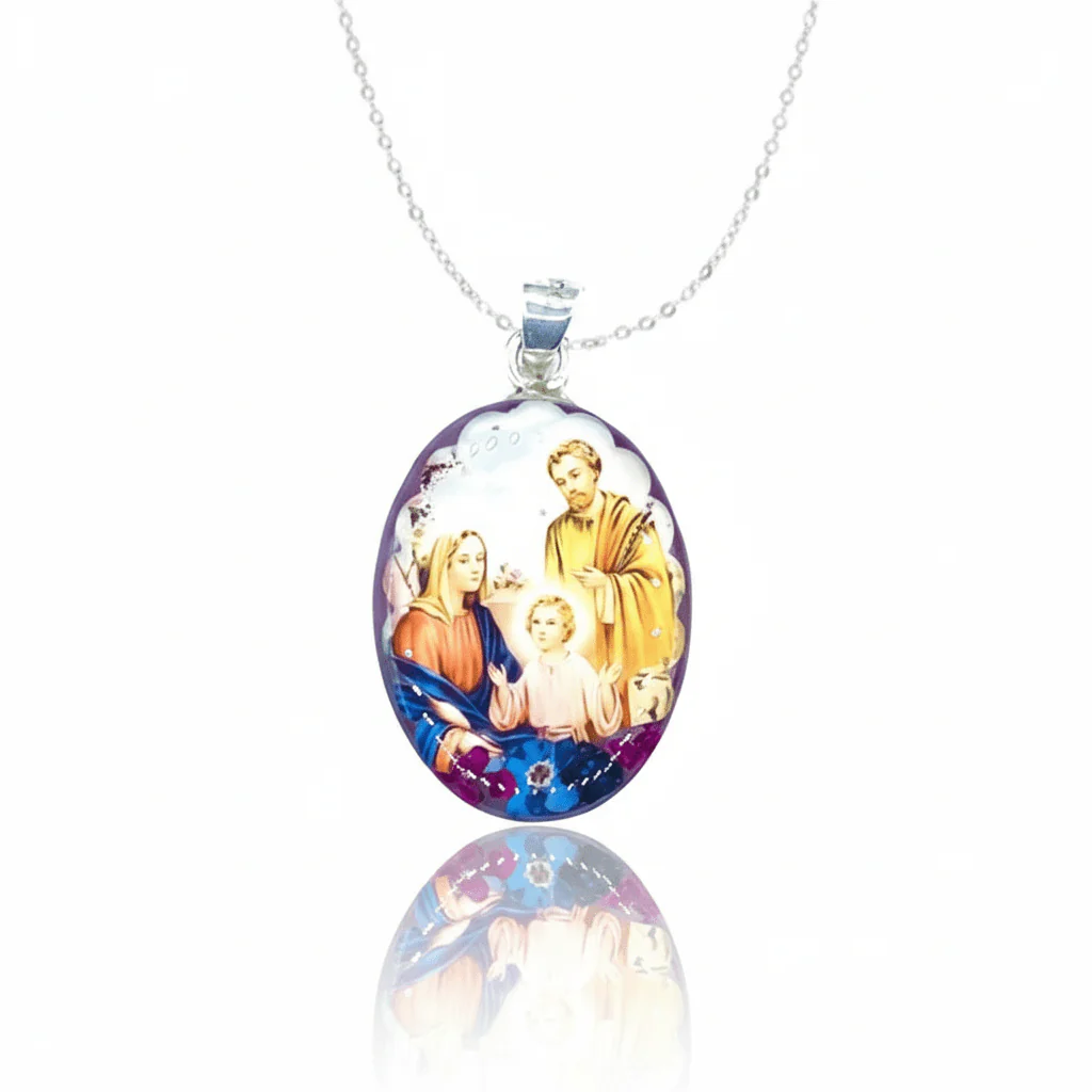 Holy Family Small Oval Pendant w/ Pressed Flowers 18-inch
